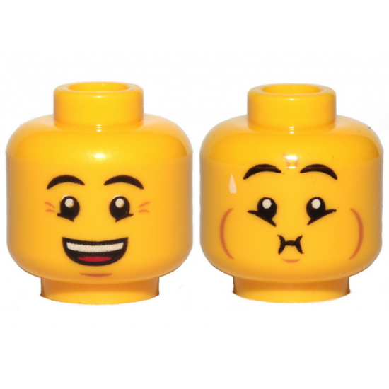 Minifigure, Head Dual Sided Eyebrows, Crow's Feet, Open Mouth Smile / Queasy Expression with Sweat Drop Pattern