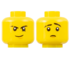 Minifigure, Head Dual Sided Black Eyebrows (one Scarred), White Pupils, Brown Chin Dimple, Firm Grin / Worried Pattern