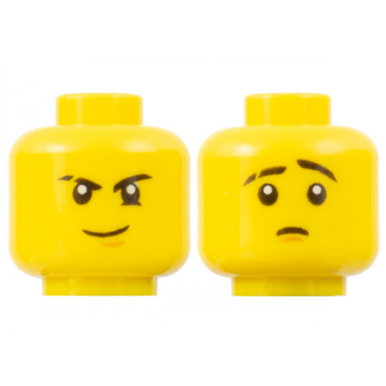 Minifigure, Head Dual Sided Black Eyebrows (one Scarred), White Pupils, Brown Chin Dimple, Firm Grin / Worried Pattern