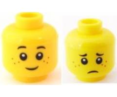 Minifigure, Head Dual Sided Child Black Eyebrows, Reddish Brown Freckles, Grin / Sad Frown Pattern