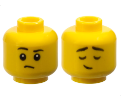 Minifigure, Head Dual Sided Child Black Eyebrows, Right Raised, Small Frown / Eyes Closed, Small Lopsided Grin Pattern
