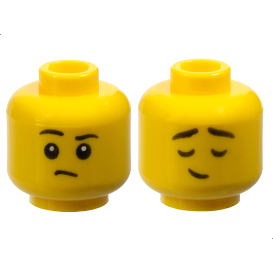 Minifigure, Head Dual Sided Child Black Eyebrows, Right Raised, Small Frown / Eyes Closed, Small Lopsided Grin Pattern