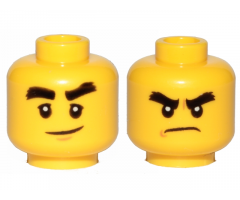 Minifigure, Head Dual Sided Black Bushy Eyebrows, Smile / Angry Pattern (Cole)