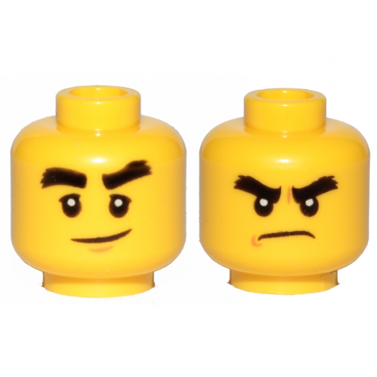 Minifigure, Head Dual Sided Black Bushy Eyebrows, Smile / Angry Pattern (Cole)