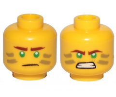 Minifigure, Head Dual Sided Reddish Brown Eyebrows, Green Eyes, Dark Tan Stripes, Scowl / Angry Pattern (Lloyd)