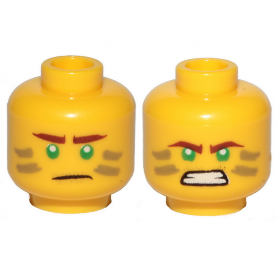 Minifigure, Head Dual Sided Reddish Brown Eyebrows, Green Eyes, Dark Tan Stripes, Scowl / Angry Pattern (Lloyd)