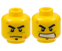Minifigure, Head Dual Sided Black Thick Eyebrows and Soul Patch, Right Lower Eyelid, Lime Paint Under Eyes, Orange Scuff Marks, Stern with Dimple / Angry Bared Teeth Pattern