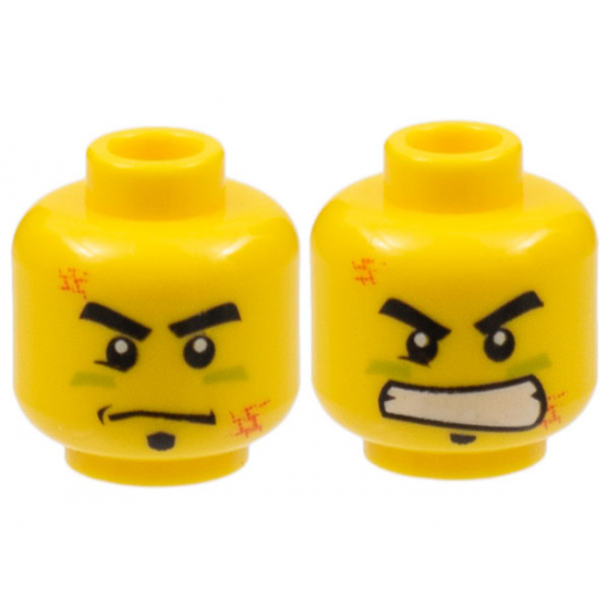 Minifigure, Head Dual Sided Black Thick Eyebrows and Soul Patch, Right Lower Eyelid, Lime Paint Under Eyes, Orange Scuff Marks, Stern with Dimple / Angry Bared Teeth Pattern
