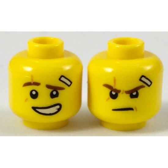 Minifigure, Head Dual Sided Reddish Brown Eyebrows, Medium Nougat Scar, Bandage, Lopsided Grin with Teeth / Determined Pattern (Kai)