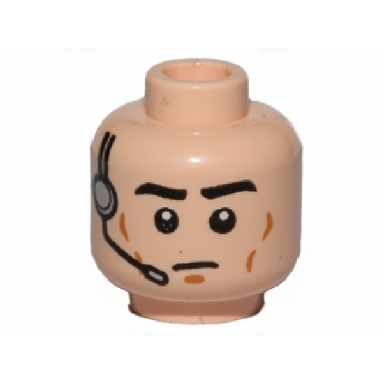 Minifigure, Head Black Eyebrows, Dark Orange Cheek Lines and Chin Dimple, Headset with Microphone, Neutral Pattern
