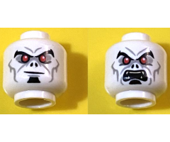 Minifigure, Head Dual Sided Alien Black Eyebrows and Soul Patch, Red Eyes, Light Bluish Gray Eye Shadow and Lines, Smirk / Angry with Fangs Pattern