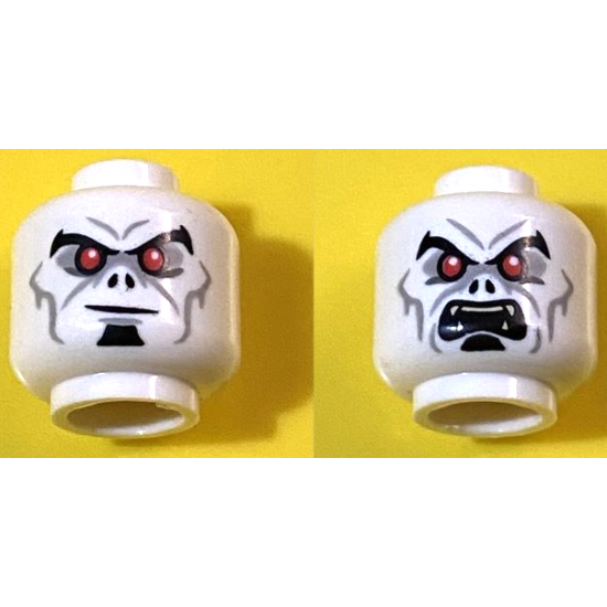 Minifigure, Head Dual Sided Alien Black Eyebrows and Soul Patch, Red Eyes, Light Bluish Gray Eye Shadow and Lines, Smirk / Angry with Fangs Pattern