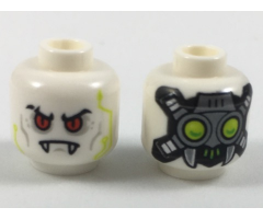 Minifigure, Head Alien Vampire with Red Eyes, Light Bluish Gray Cheek Lines and Eye Shadow, Lime Circuitry, Cybernetic Implants, and Closed Mouth with Fangs Pattern