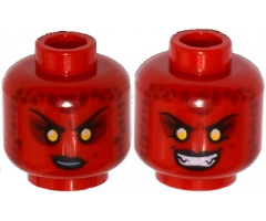 Minifigure, Head Dual Sided Alien Female Black Eyebrows, Yellow Sunken Eyes, Black Lips, Dark Red Spots, Smirk / Bared Teeth Pattern