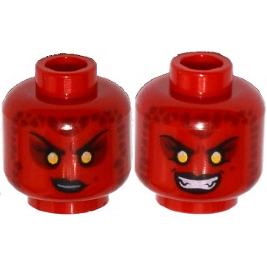 Minifigure, Head Dual Sided Alien Female Black Eyebrows, Yellow Sunken Eyes, Black Lips, Dark Red Spots, Smirk / Bared Teeth Pattern