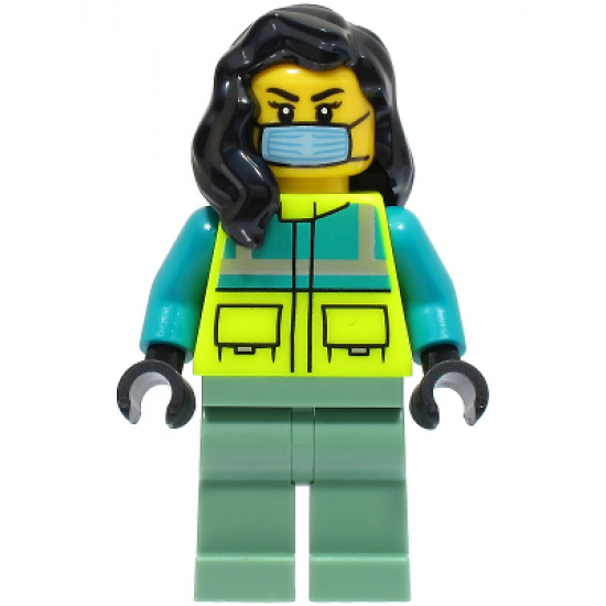 Ambulance Driver - Female, Dark Turquoise and Neon Yellow Safety Vest, Sand Green Legs, Black Hair, Surgical Mask