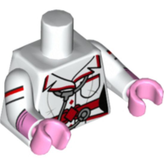 Torso Batman Female Outline with Red Trim and Belt, Stethoscope and Pockets Pattern / White Arms with Stripes and Pink Glove Cuffs / Bright Pink Hands