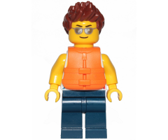 Tank Top with Surfer Silhouette, Dark Blue Legs, Reddish Brown Hair Spiked, Life Jacket 2 Straps, Silver Sunglasses