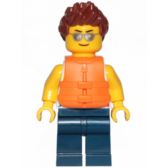 Tank Top with Surfer Silhouette, Dark Blue Legs, Reddish Brown Hair Spiked, Life Jacket 2 Straps, Silver Sunglasses