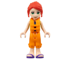Friends Mia, Lime Jacket Vest with Pockets, Orange Trousers Cropped, Dark Purple Sandals, Orange Life Jacket