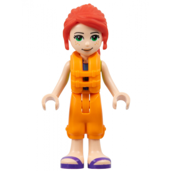 Friends Mia, Lime Jacket Vest with Pockets, Orange Trousers Cropped, Dark Purple Sandals, Orange Life Jacket