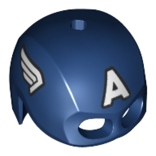 Minifigure, Headgear Helmet Mask, Hole on Top with White Letter A and Wings on Sides, Black Outline Pattern (Captain America)