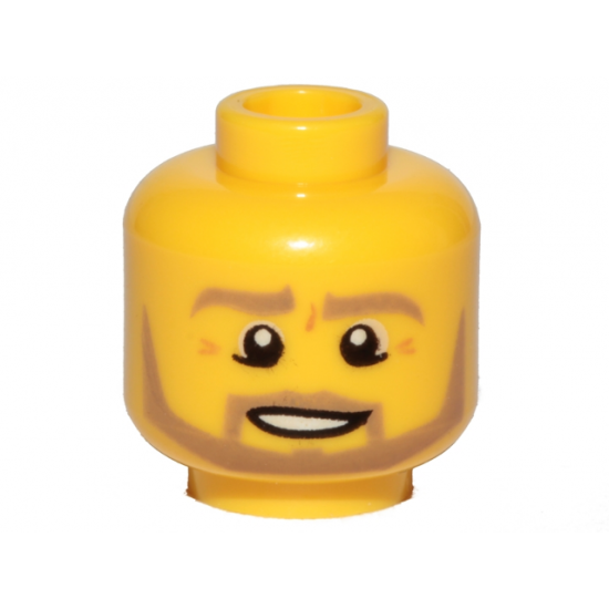 Minifigure, Head Dark Tan Eyebrows, Moustache and Angular Beard, Lower Eyelids, Medium Nougat Wrinkles, Lopsided Open Mouth Smile with Teeth and Top Lip Line Pattern