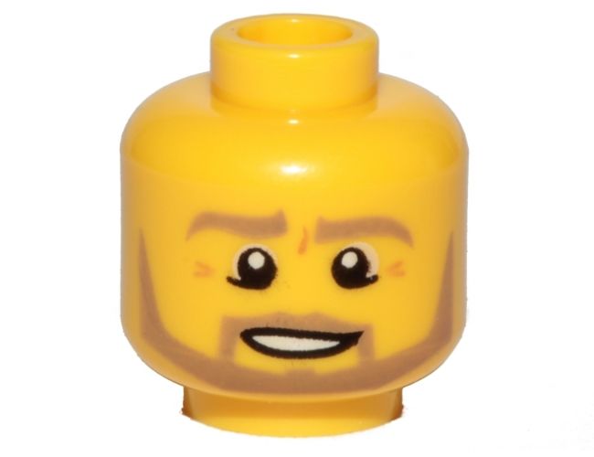 Minifigure, Head Dark Tan Eyebrows, Moustache and Angular Beard, Lower Eyelids, Medium Nougat Wrinkles, Lopsided Open Mouth Smile with Teeth and Top Lip Line Pattern