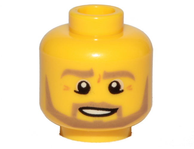 Minifigure, Head Dark Tan Eyebrows, Moustache and Angular Beard, Lower Eyelids, Medium Nougat Wrinkles, Lopsided Open Mouth Smile with Teeth and Top Lip Line Pattern