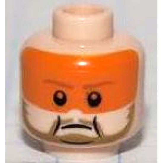 Minifigure, Head Dark Tan Moustache and Beard, Black Chin Dimple and Jowl Lines, Orange Visor, Frown Pattern