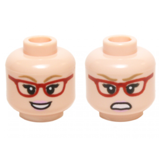 Minifigure, Head Dual Sided Female Glasses Red Angled Frames, Dark Tan Eyebrows with Open Smile / Angry Pattern (Bernadette)