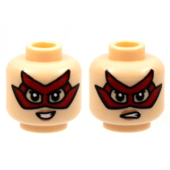 Minifigure, Head Dual Sided Female, Red Domino Mask with 4 Points, Peach Lips, Smile / Sneer Pattern