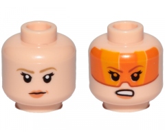 Minifigure, Head Dual Sided Female Dark Tan Eyebrows, Orange Lips, Frown Pattern / Orange Visor, Angry (SW Resistance A-wing Pilot)