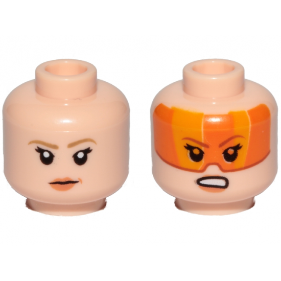 Minifigure, Head Dual Sided Female Dark Tan Eyebrows, Orange Lips, Frown Pattern / Orange Visor, Angry (SW Resistance A-wing Pilot)