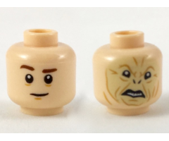 Minifigure, Head Dual Sided Reddish Brown Eyebrows (Quirrell) / Crooked Tan Face with Dark Orange Contours (Voldemort) Pattern