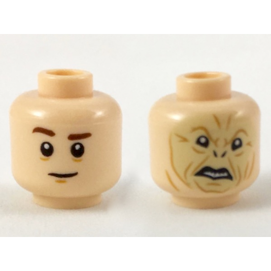 Minifigure, Head Dual Sided Reddish Brown Eyebrows (Quirrell) / Crooked Tan Face with Dark Orange Contours (Voldemort) Pattern