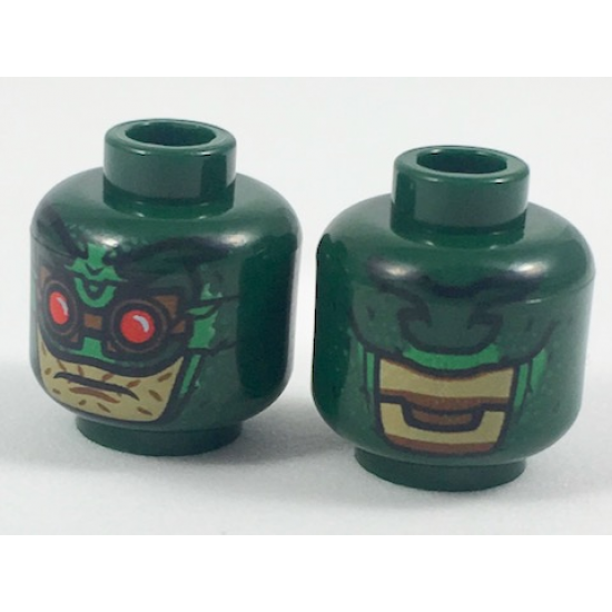 Minifigure, Head Alien Parademon Helmet with Green Markings, Reddish Brown Goggles with Red Lenses, Tan Skin Pattern