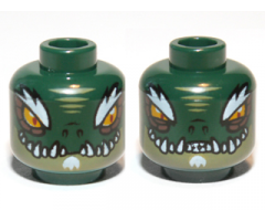Minifigure, Head Dual Sided Alien Chima Crocodile with Bright Light Orange Eyes, Olive Green Lower Jaw, White Bushy Eyebrows, Soul Patch, and Sharp Teeth, Wide / Narrow Eyes Pattern