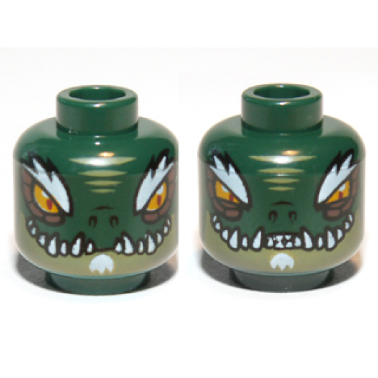 Minifigure, Head Dual Sided Alien Chima Crocodile with Bright Light Orange Eyes, Olive Green Lower Jaw, White Bushy Eyebrows, Soul Patch, and Sharp Teeth, Wide / Narrow Eyes Pattern