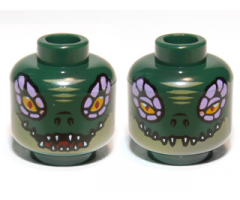 Minifigure, Head Dual Sided Alien Chima Crocodile with Bright Light Orange Eyes, Olive Green Lower Jaw, Medium Lavender Scales, and White Sharp Teeth, Open / Closed Mouth Pattern