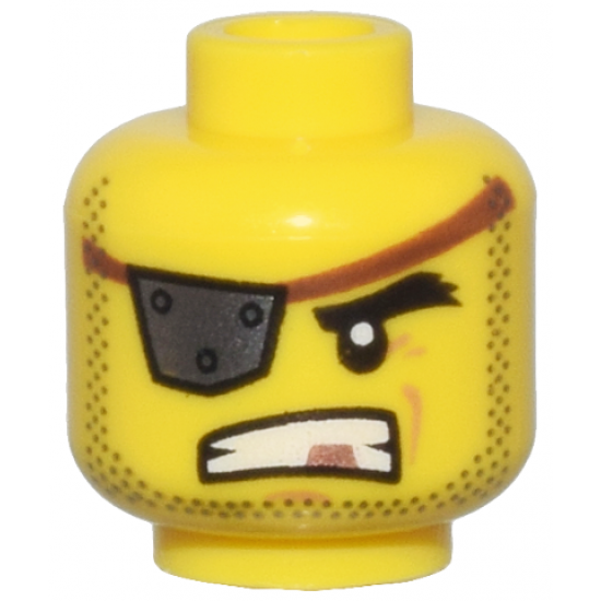 Minifigure, Head Dark Silver Eye Patch with Rivets, Bared Teeth with Copper Tooth, Stubble Pattern (MetalBeard)