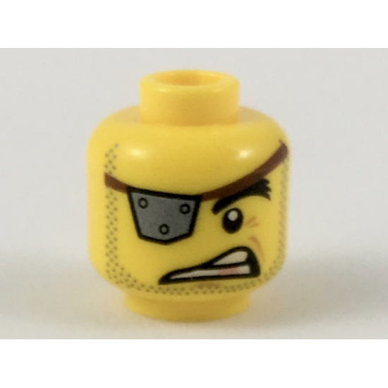 Minifigure, Head Male Silver Eye Patch with Rivets, Raised Eyebrow, Copper Tooth, Stubble Pattern (MetalBeard)