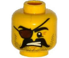 Minifigure, Head Beard Black Stubble and Moustache, Eye Patch, Crow's Feet, Bared Teeth Pattern