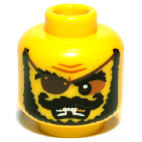 Minifigure, Head Black Bushy Eyebrows, Curled Moustache and Beard, Dark Brown Eye Patch, Nougat Eye Shadow, Furrowed Brow, Open Mouth Scowl with Teeth, Gold Tooth and Missing Tooth Pattern