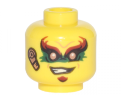 Minifigure, Head Red Eyebrows, Green Eye Paint, Crooked Smile, Copper Earpiece Pattern