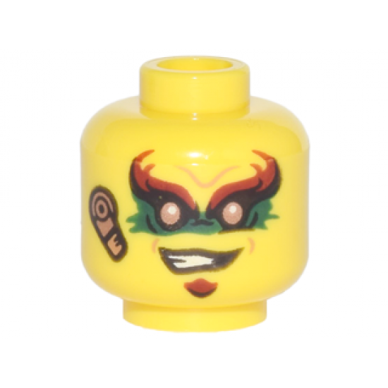 Minifigure, Head Red Eyebrows, Green Eye Paint, Crooked Smile, Copper Earpiece Pattern