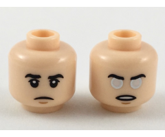 Minifigure, Head Dual Sided Black Eyebrows, Upper Eyelids, Medium Nougat Chin Dimple, Frown / Open Mouth with Teeth, Silver and White Eyes Pattern