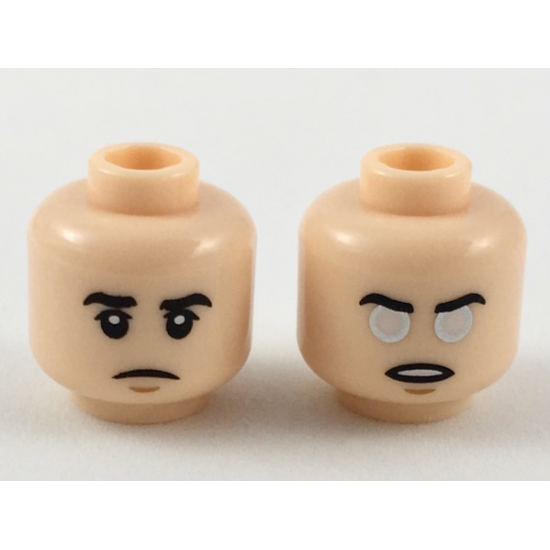 Minifigure, Head Dual Sided Black Eyebrows, Upper Eyelids, Medium Nougat Chin Dimple, Frown / Open Mouth with Teeth, Silver and White Eyes Pattern
