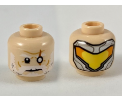 Minifigure, Head Dual Sided White Eyebrows and Beard, White Left Eye with Slash Scar / Silver Mask with Yellow and Orange Visor Pattern
