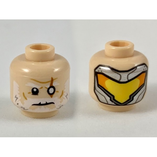 Minifigure, Head Dual Sided White Eyebrows and Beard, White Left Eye with Slash Scar / Silver Mask with Yellow and Orange Visor Pattern